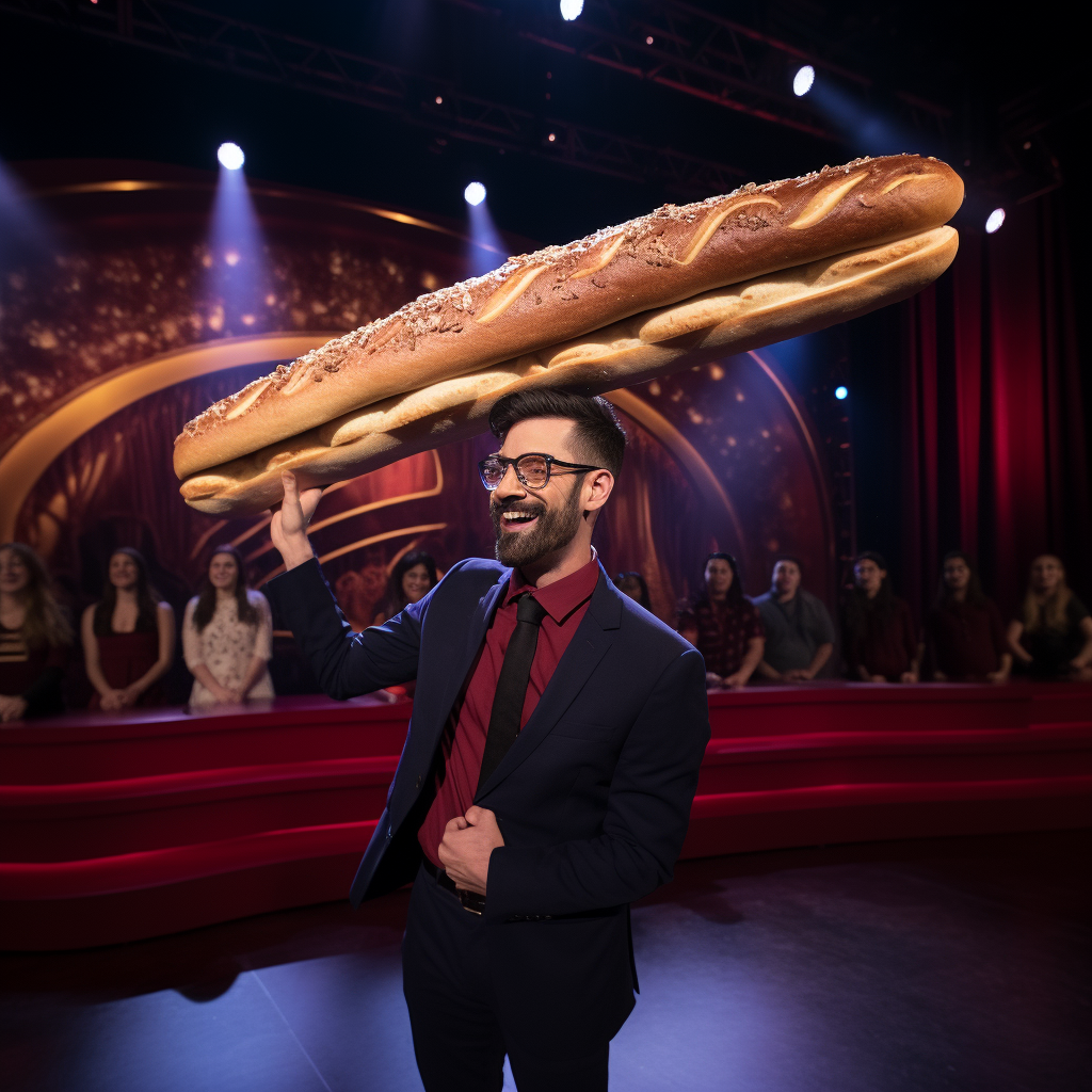 Winner holding baguette trophy