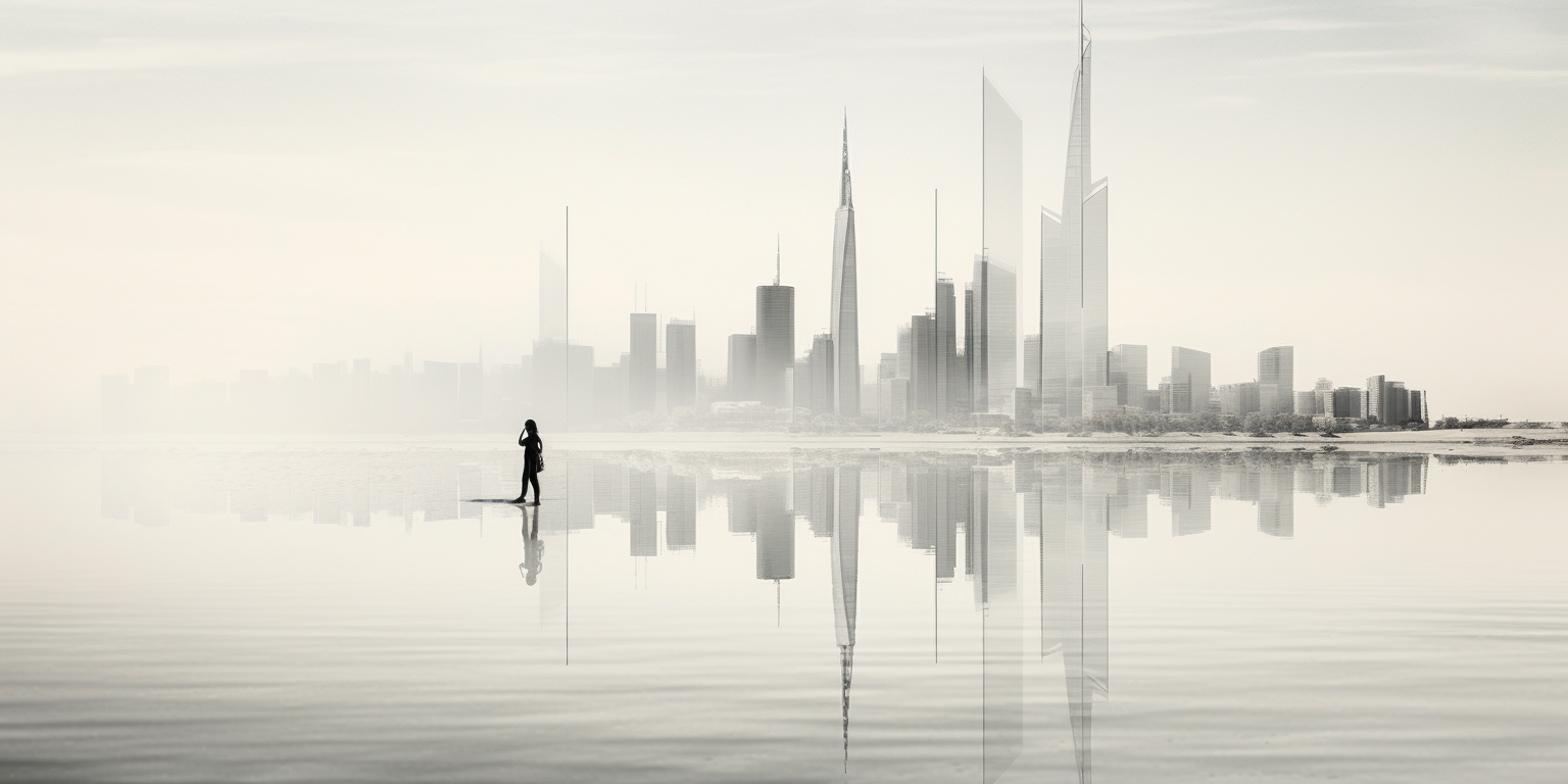 Minimalist double exposure of Bahrain World Trade Center with DNA structure