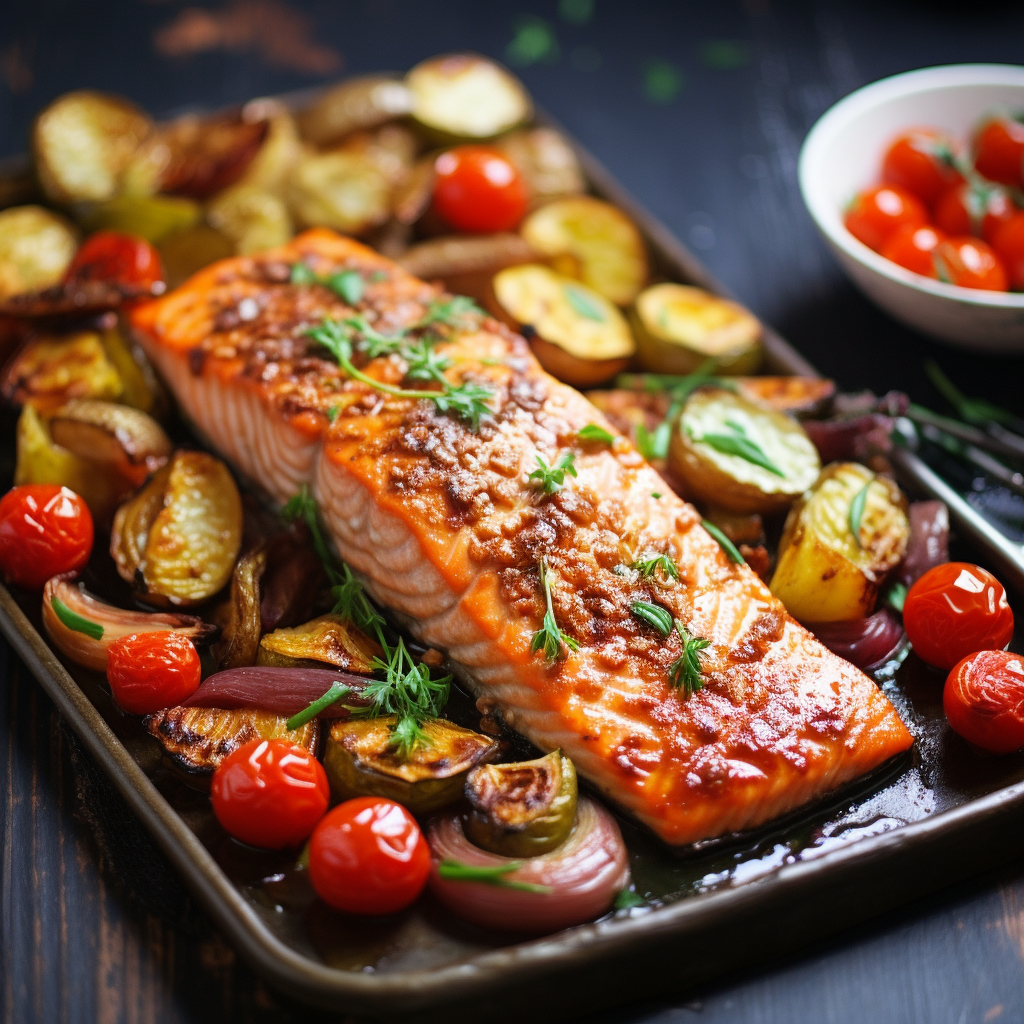 Baked salmon with roasted vegetables dish