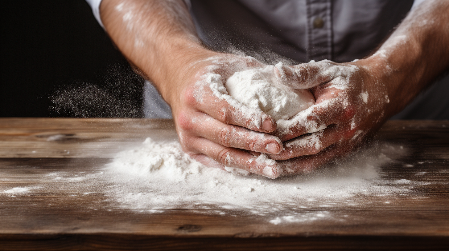 Baker's hand sprinkling salt over dough