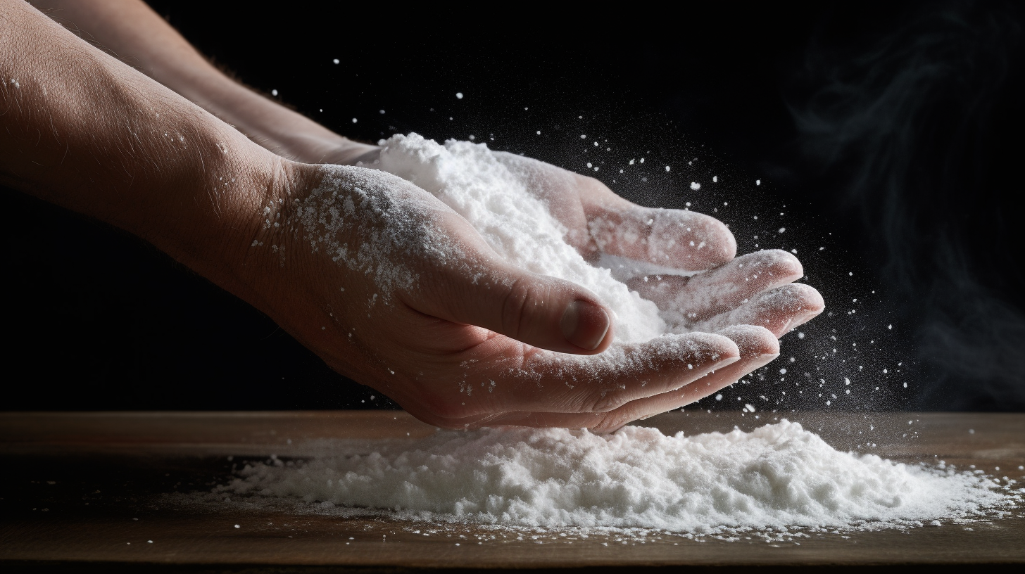 Baker's hand sprinkling salt on dough