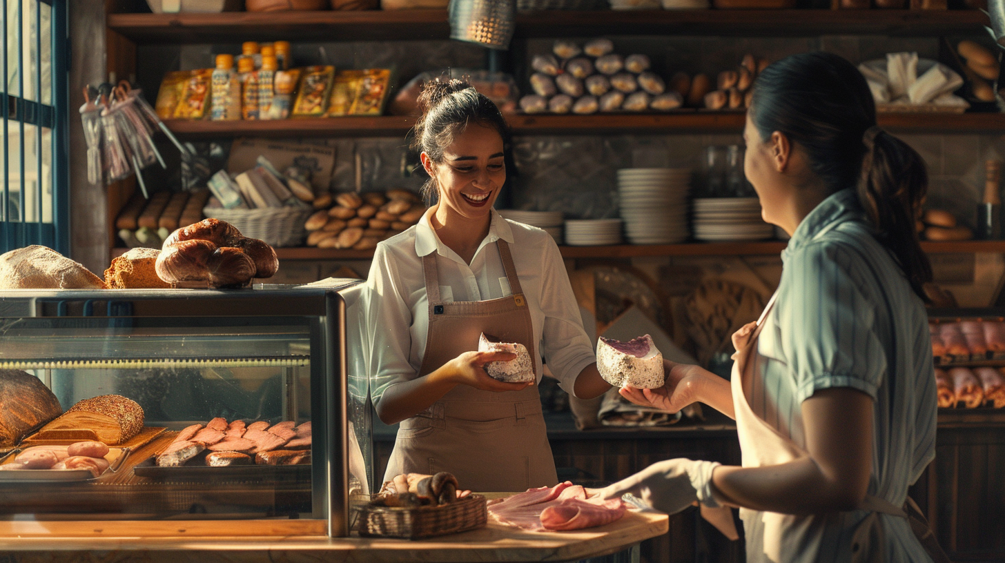 Bakery attendant serving ham customer