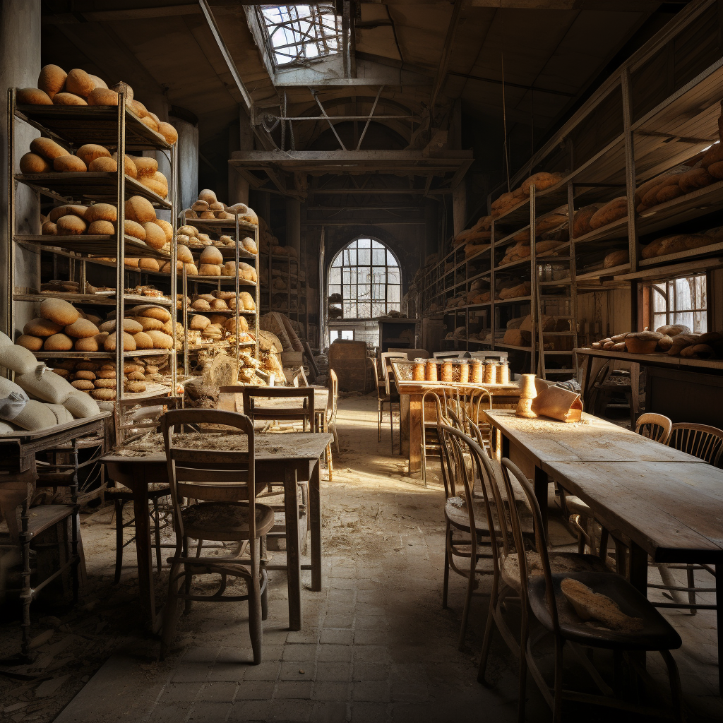 Unused furniture stored inside a bakery