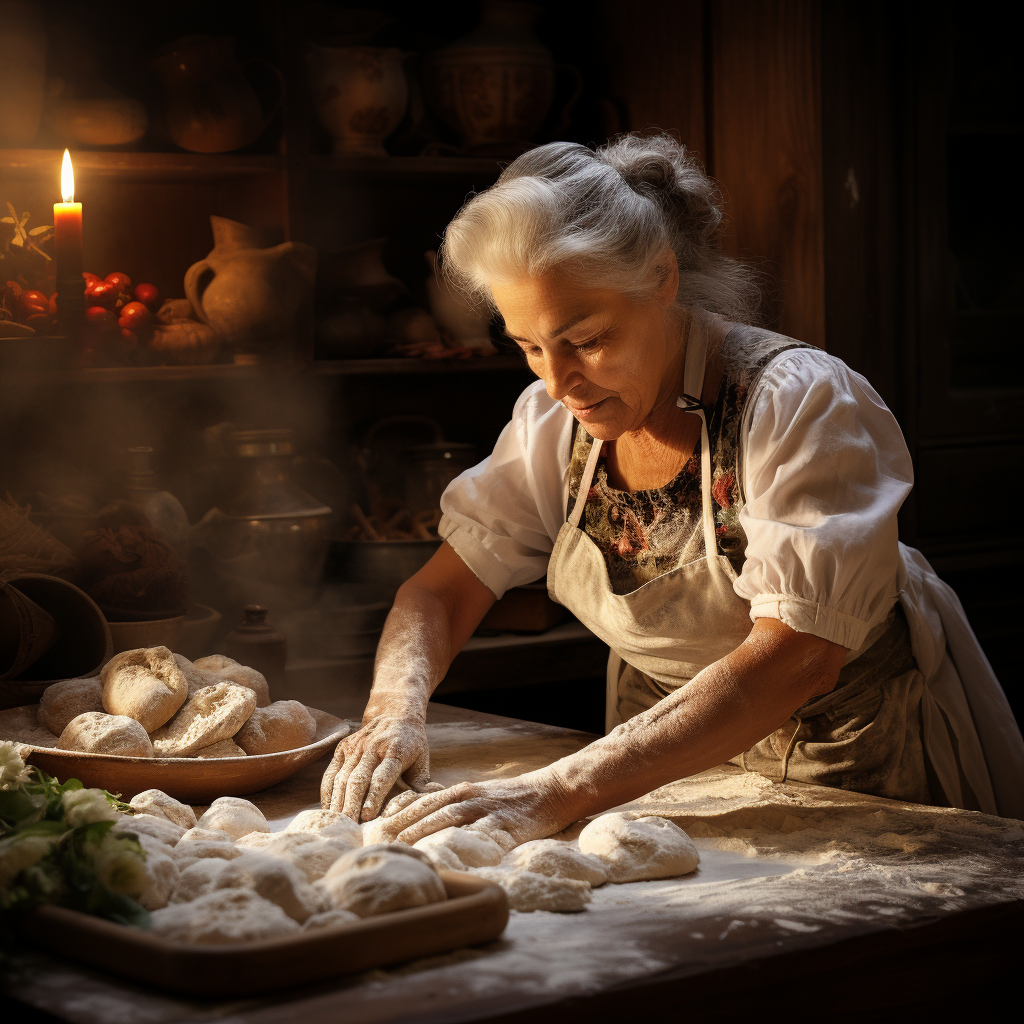 Grandmother kneading dough in bakery  ?