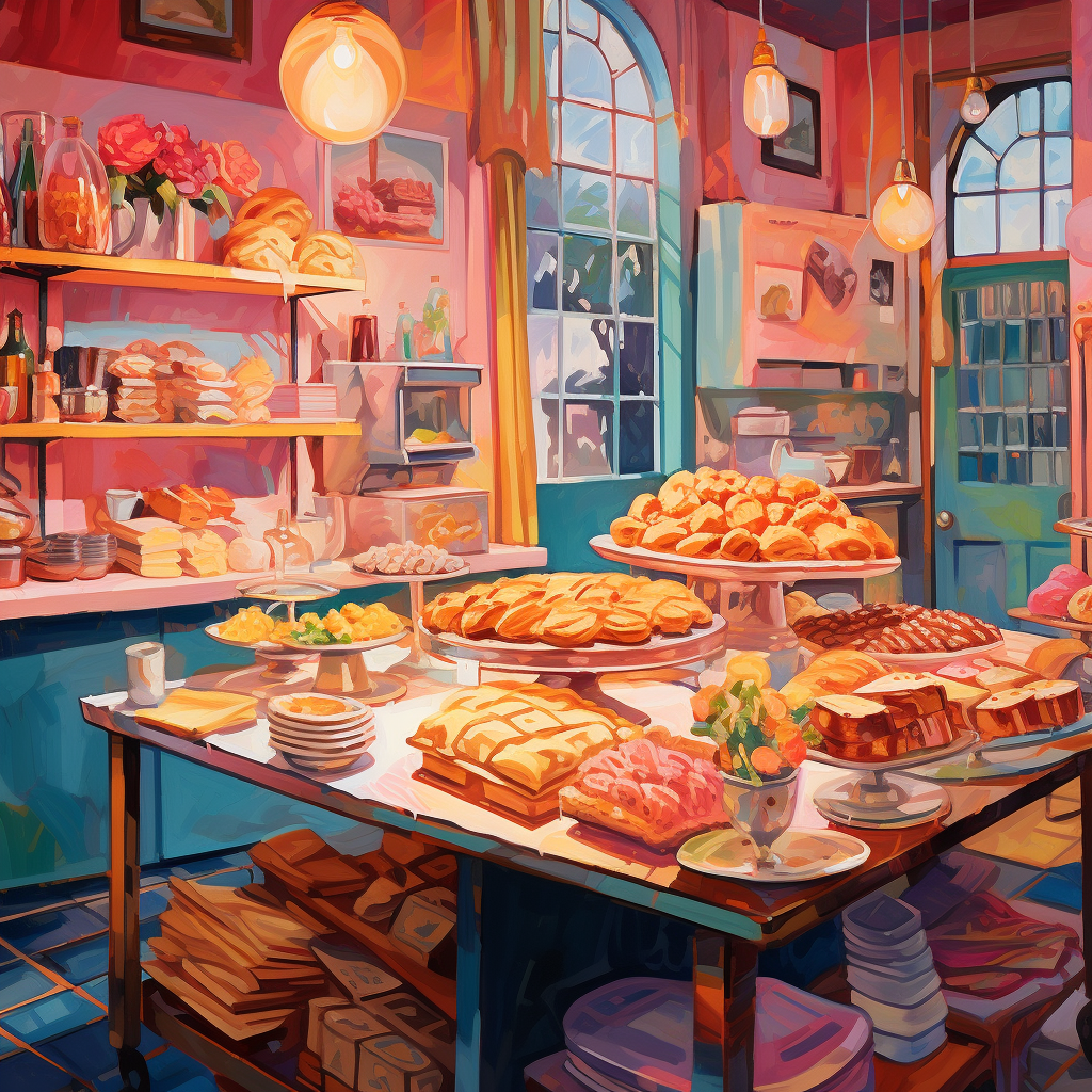 Colorful bakery kitchen with romantic lamp, bread, and cake