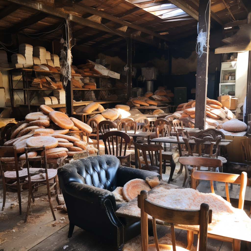 Unused furniture piled up in bakery interior