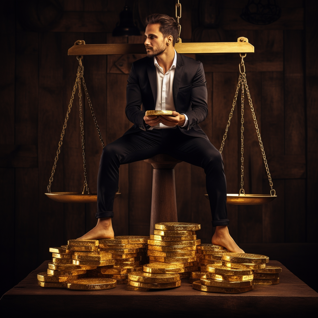 Man thinking with golden scale for balance