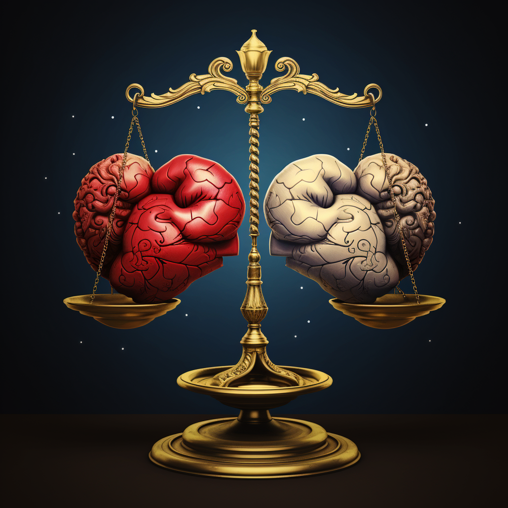 Balanced scale with heart and brain