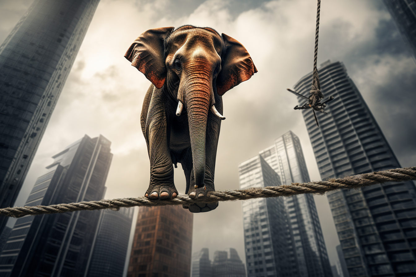 Elephant balancing on rope between skyscrapers