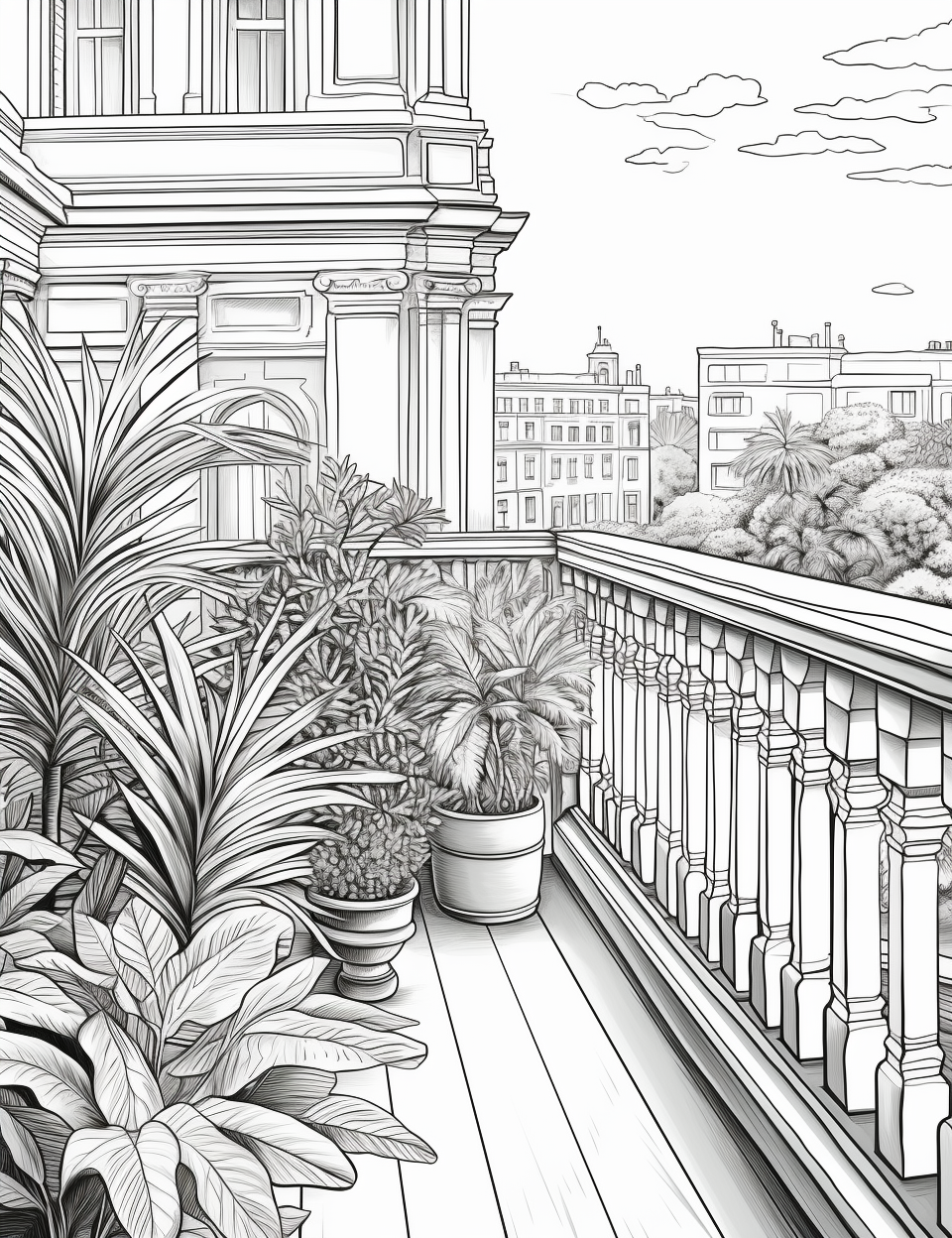 Adult Coloring Page of a Balcony Garden