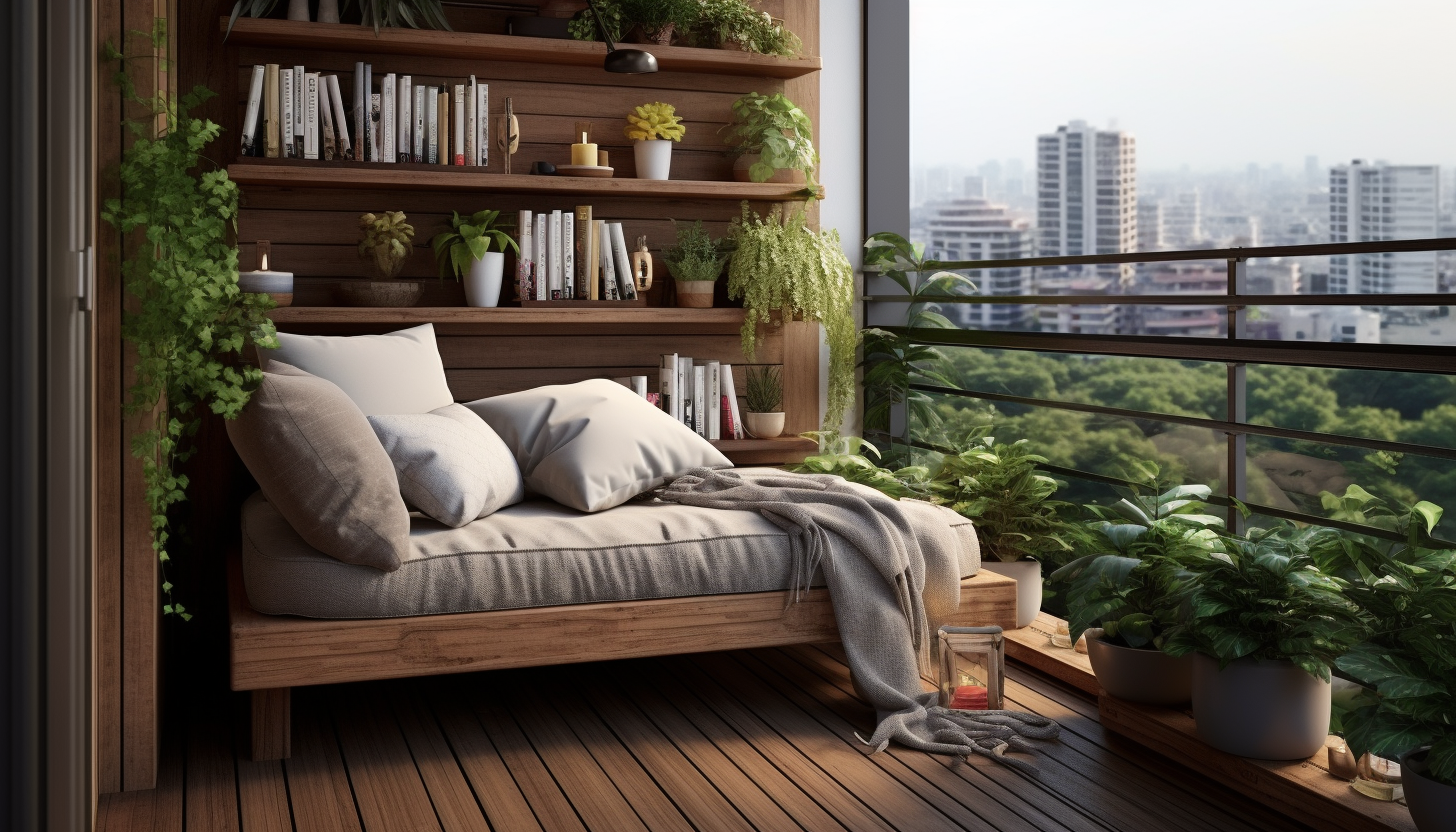 Cozy balcony with books and seating