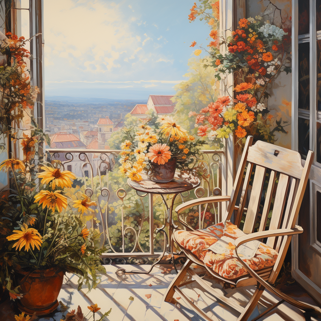 Balcony View with Flowers, Insects and Chair