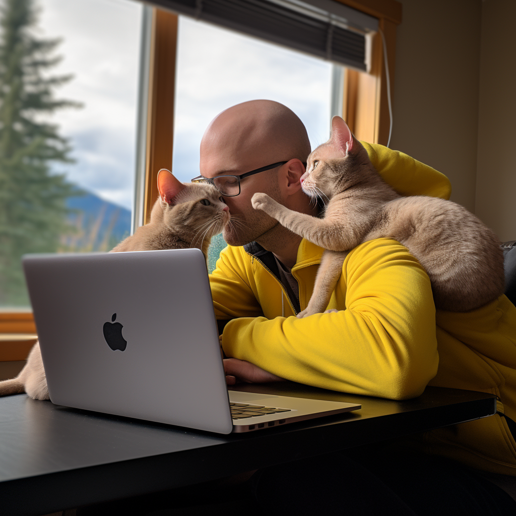 Bald Andrew coding with his adorable kitties