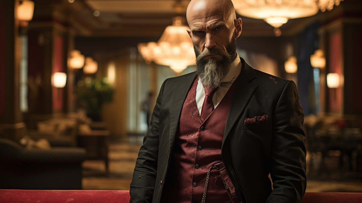 Bald bearded terminally ill hitman in vampire hotel