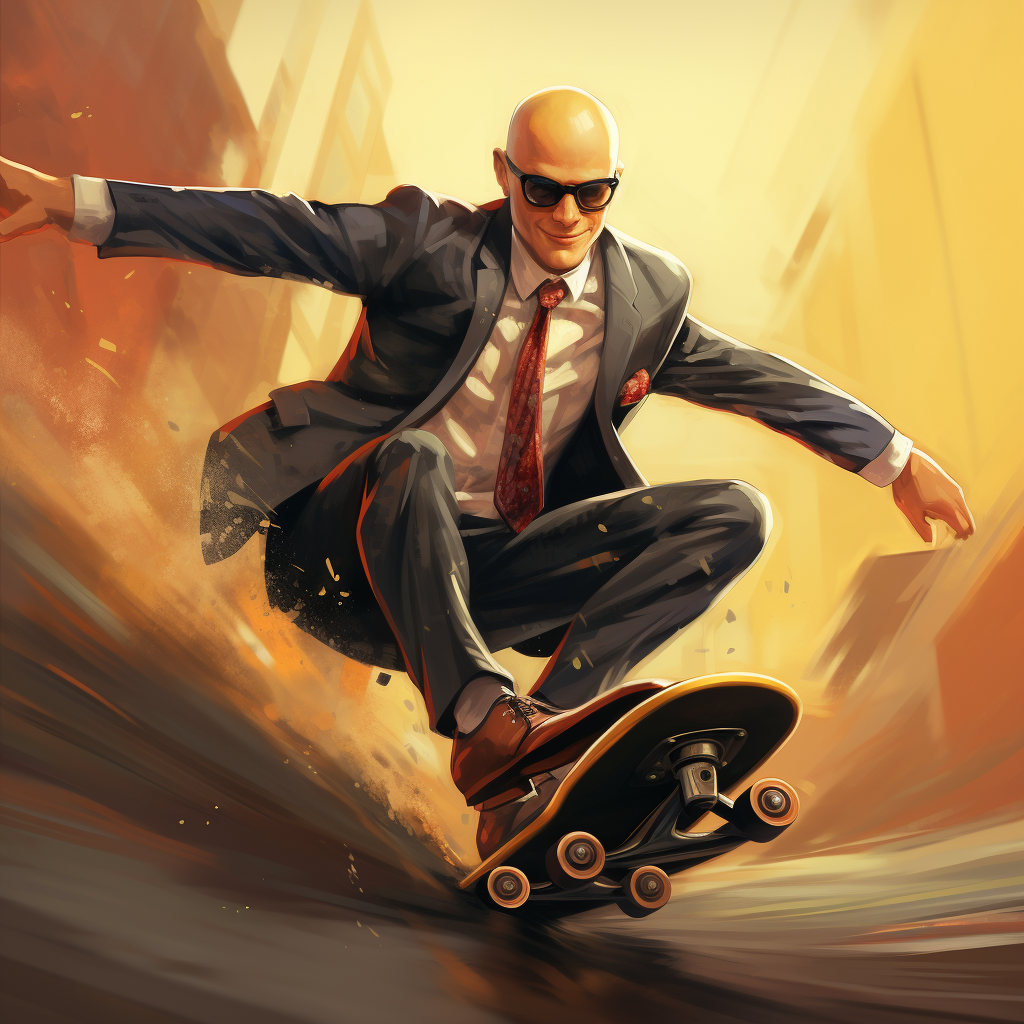 Bald business man riding skateboard