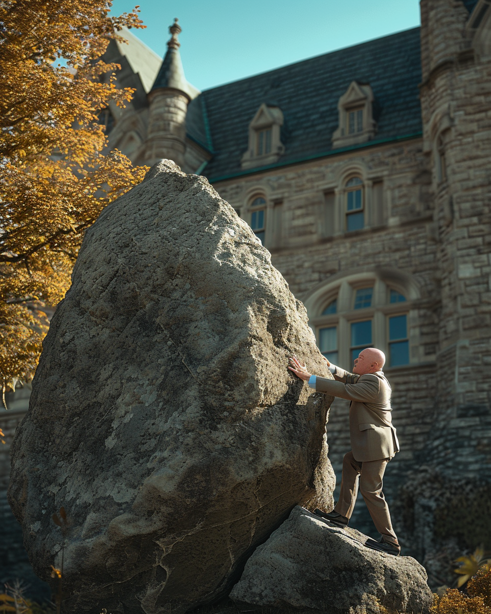 Bald College Professor Pushing Rock