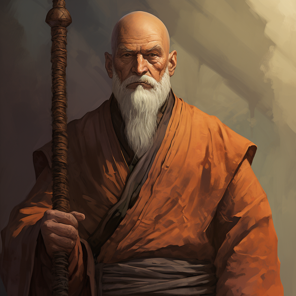 Elderly Monk with White Beard and Staff