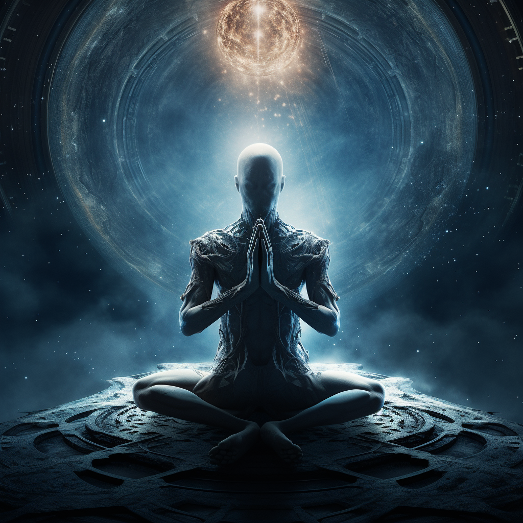 Bald humanoid meditating to the universe