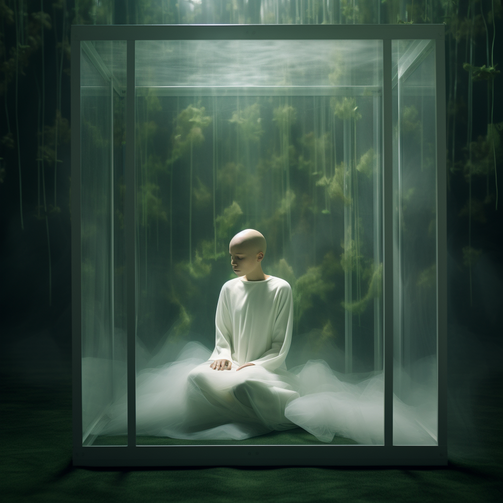 Bald Kid Meditating in Glass Box