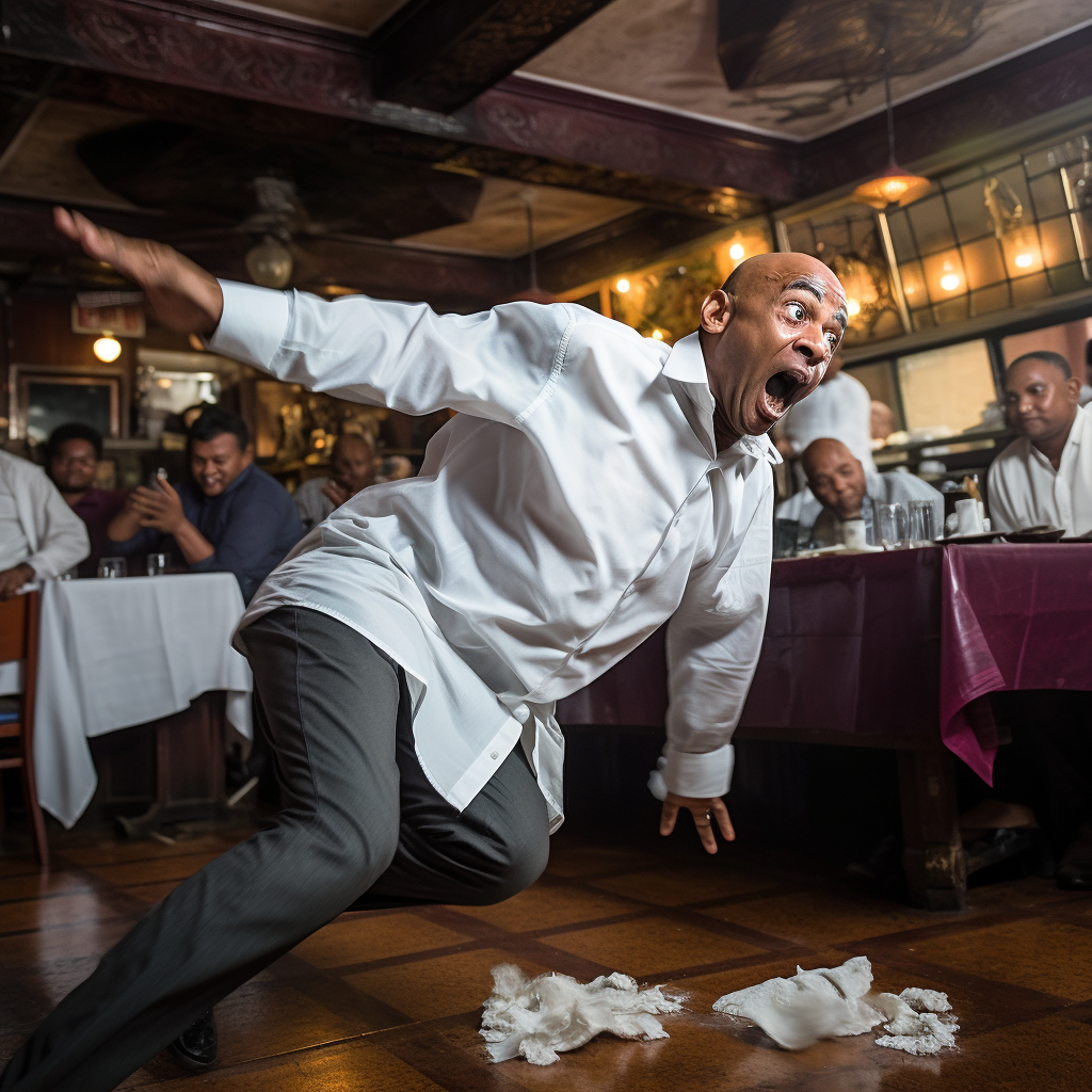 Middle-aged bald man breakdancing at Indian restaurant