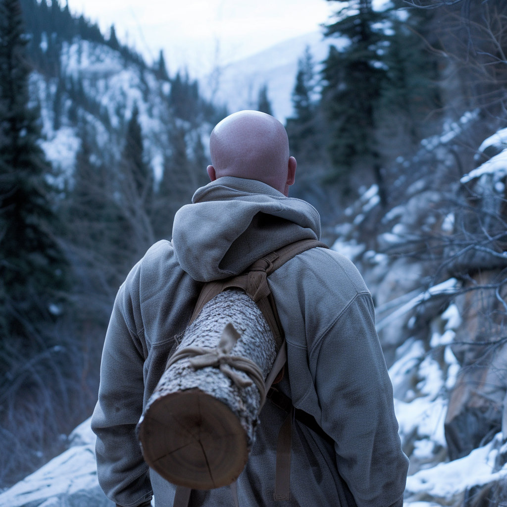 Bald man carrying log up mountain