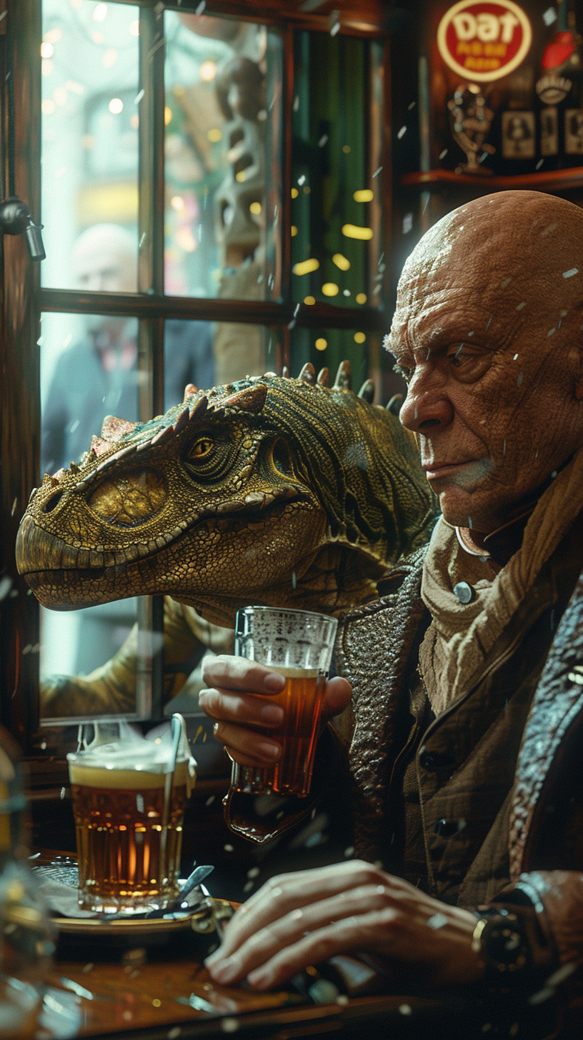 Man drinking with dinosaur body