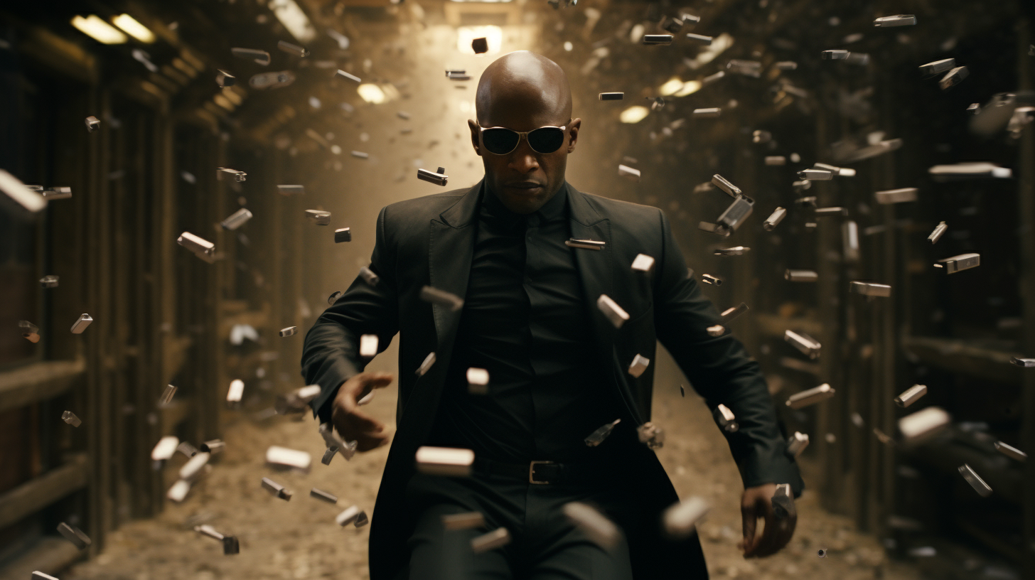 Bald man dodging bullets in Matrix-inspired scene