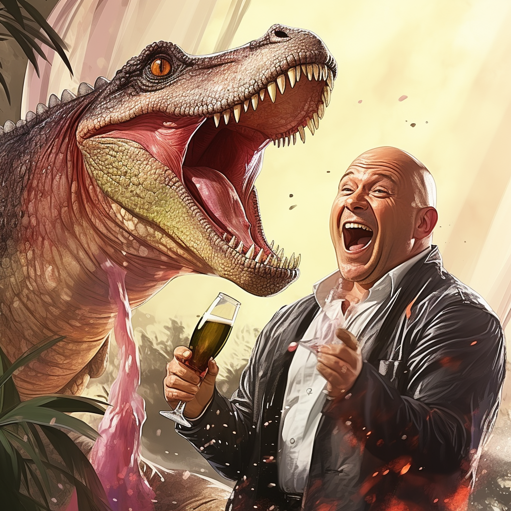 Bald man with T-Rex, celebrating with champagne