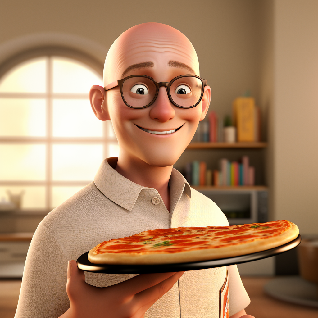 English bald man with glasses enjoying pizza