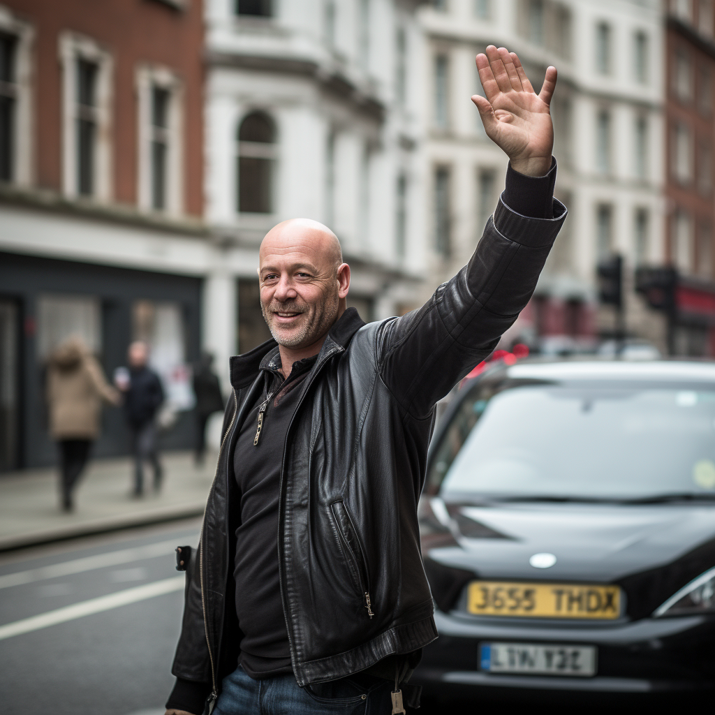 Bald man hailing taxi in the UK