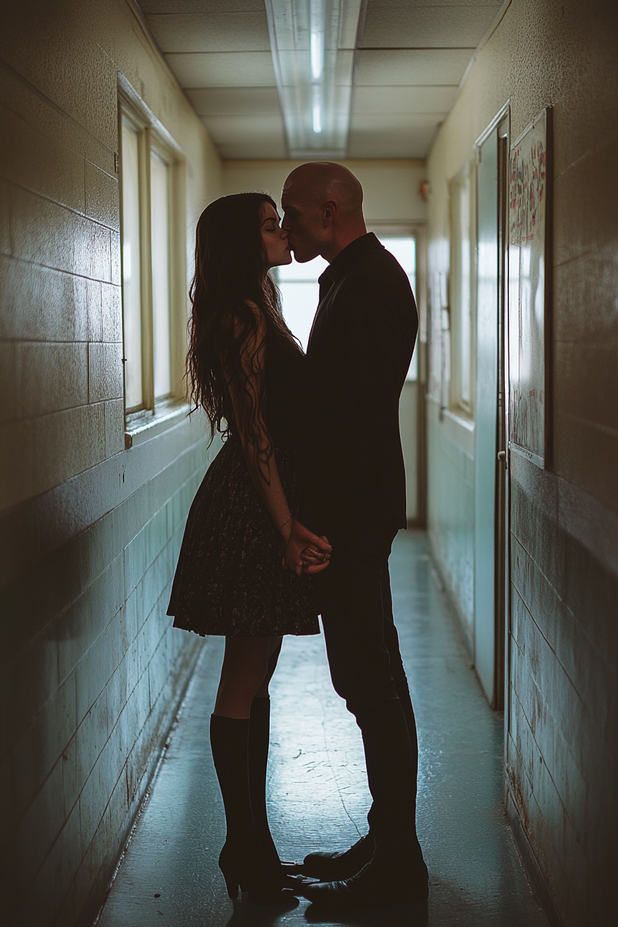 Bald man kissing girl photo