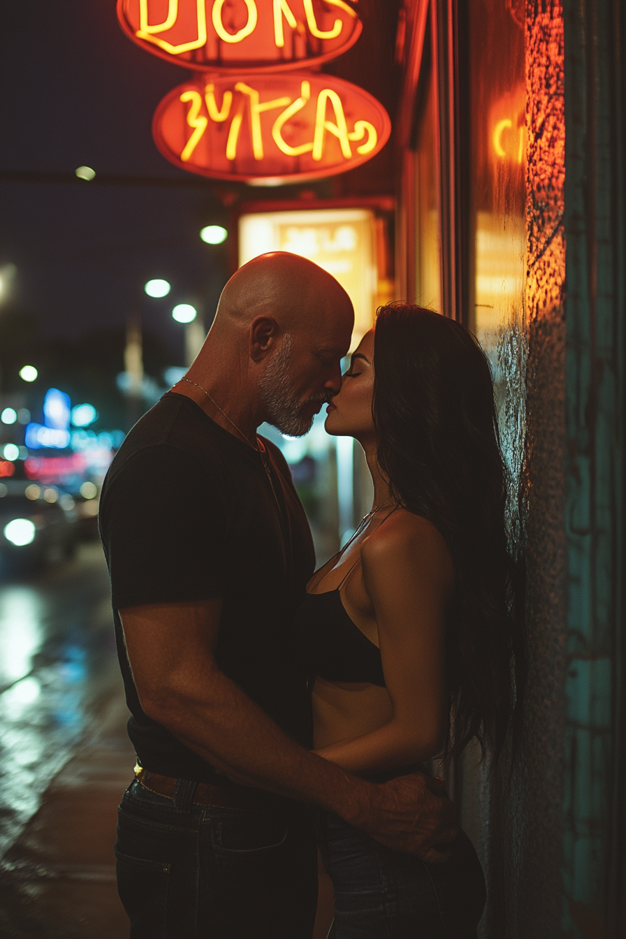 Man and girl kissing at night