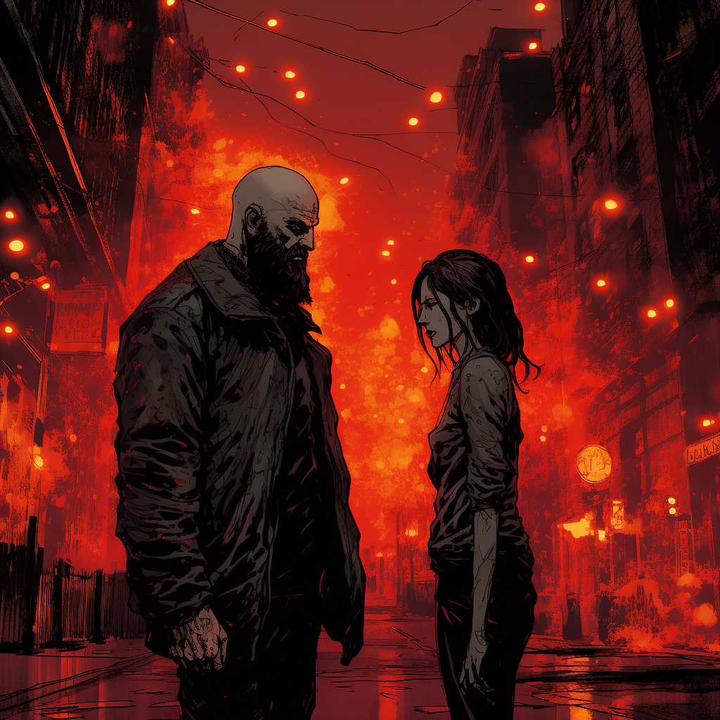 Bald man with long beard in burning city