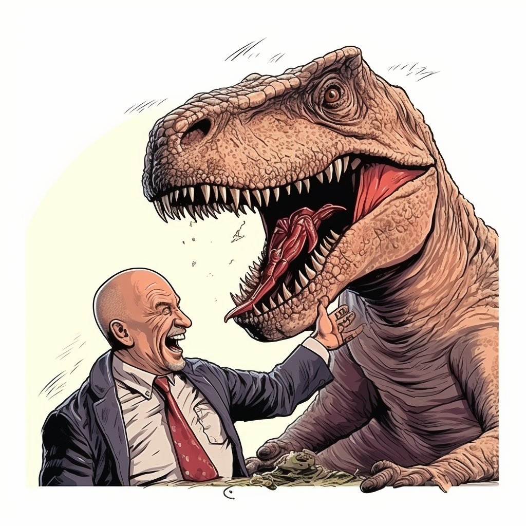 Man petting T-Rex head