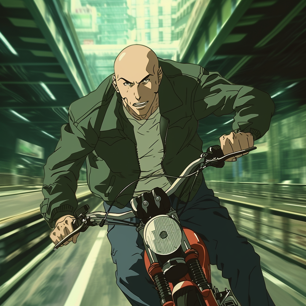 Bald man riding bike in Redline style