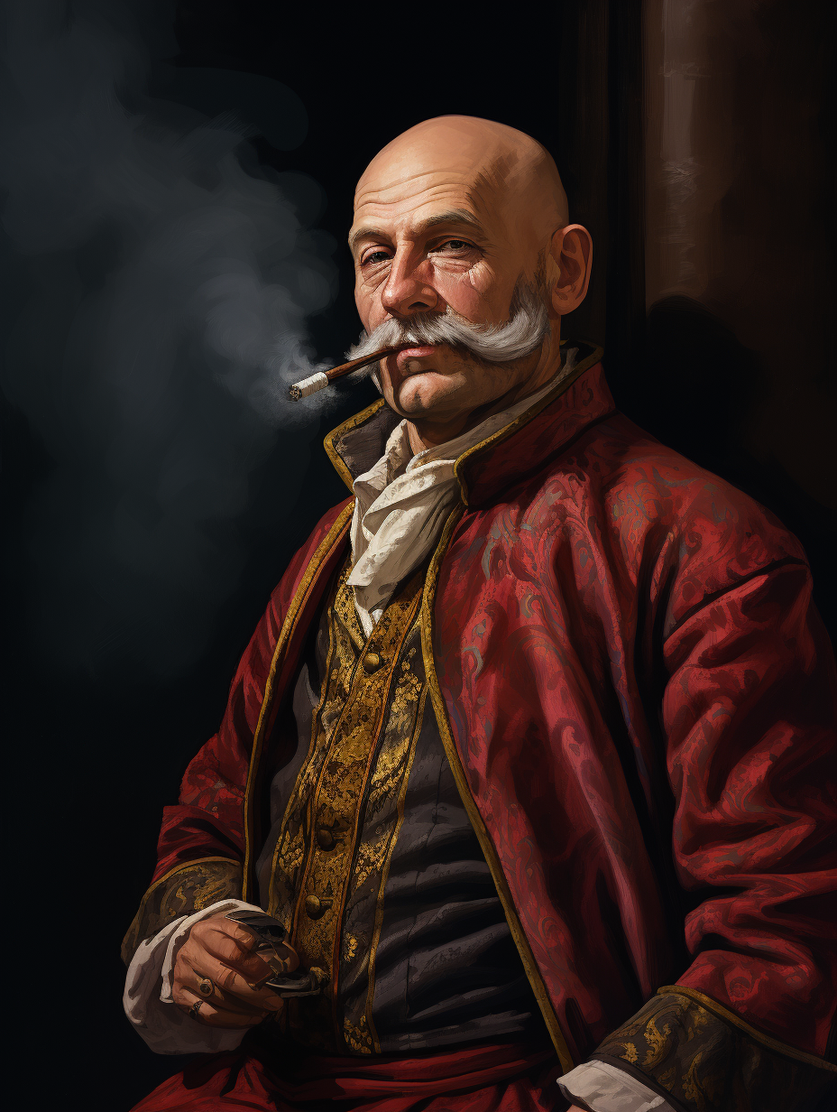 Bald man with smoking pipe and forked beard