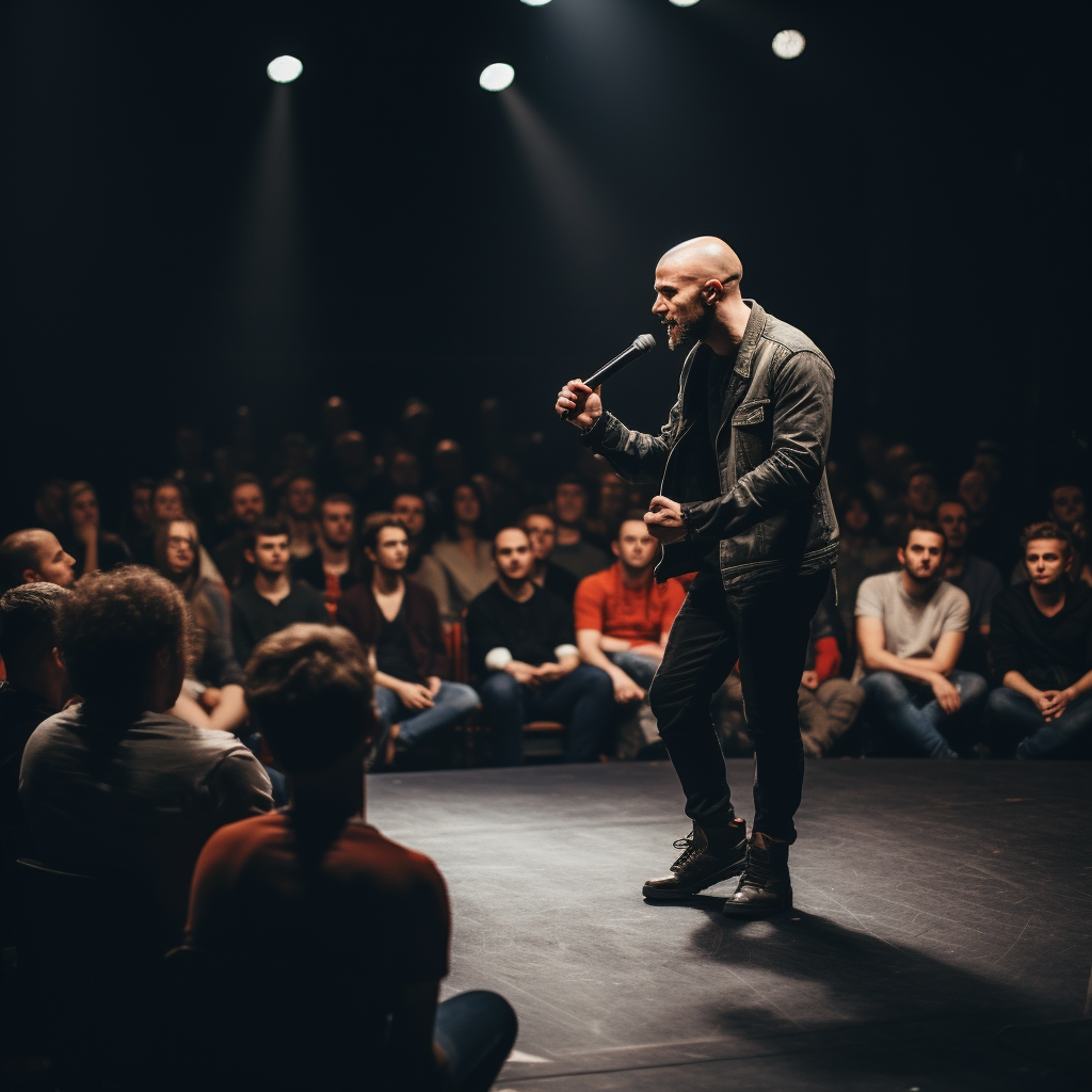 Rugged stylish bald man talking on stage