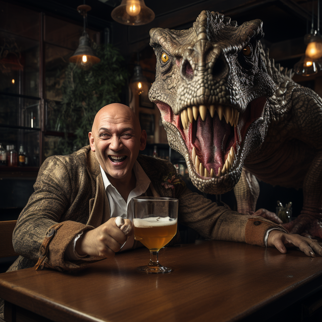 Bald man and T-Rex sharing a moment