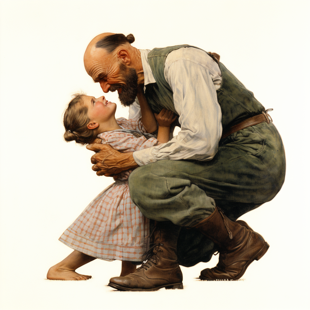 Bald man wrestling daughter, a Norman Rockwell scene