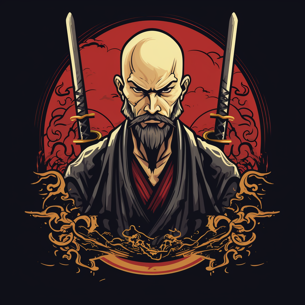 Bald shogun samurai with beard and sword