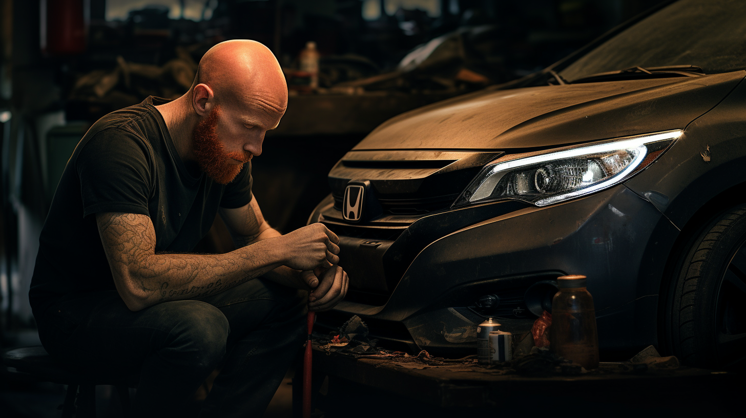 Bald Skinny Ginger Working on Black Honda Civic