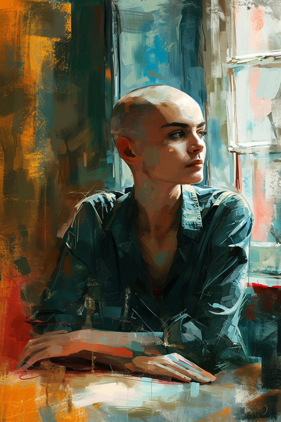 Bald woman Sinead O'Connor sitting at table