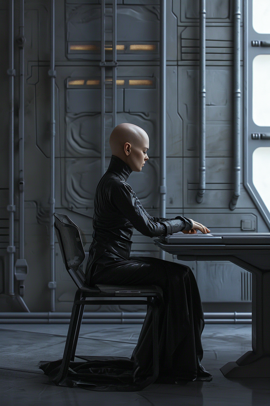 Bald woman sitting at futuristic table