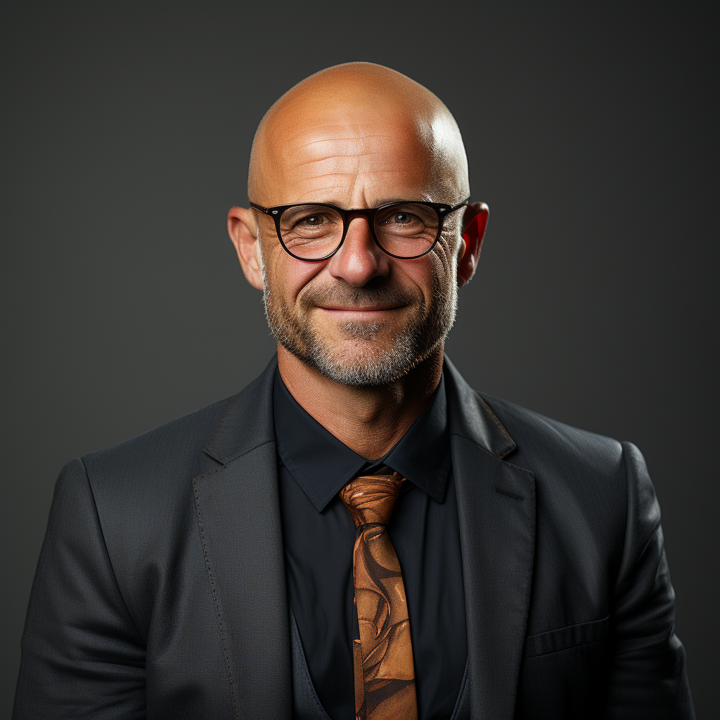 Friendly bald glasses person on a white background