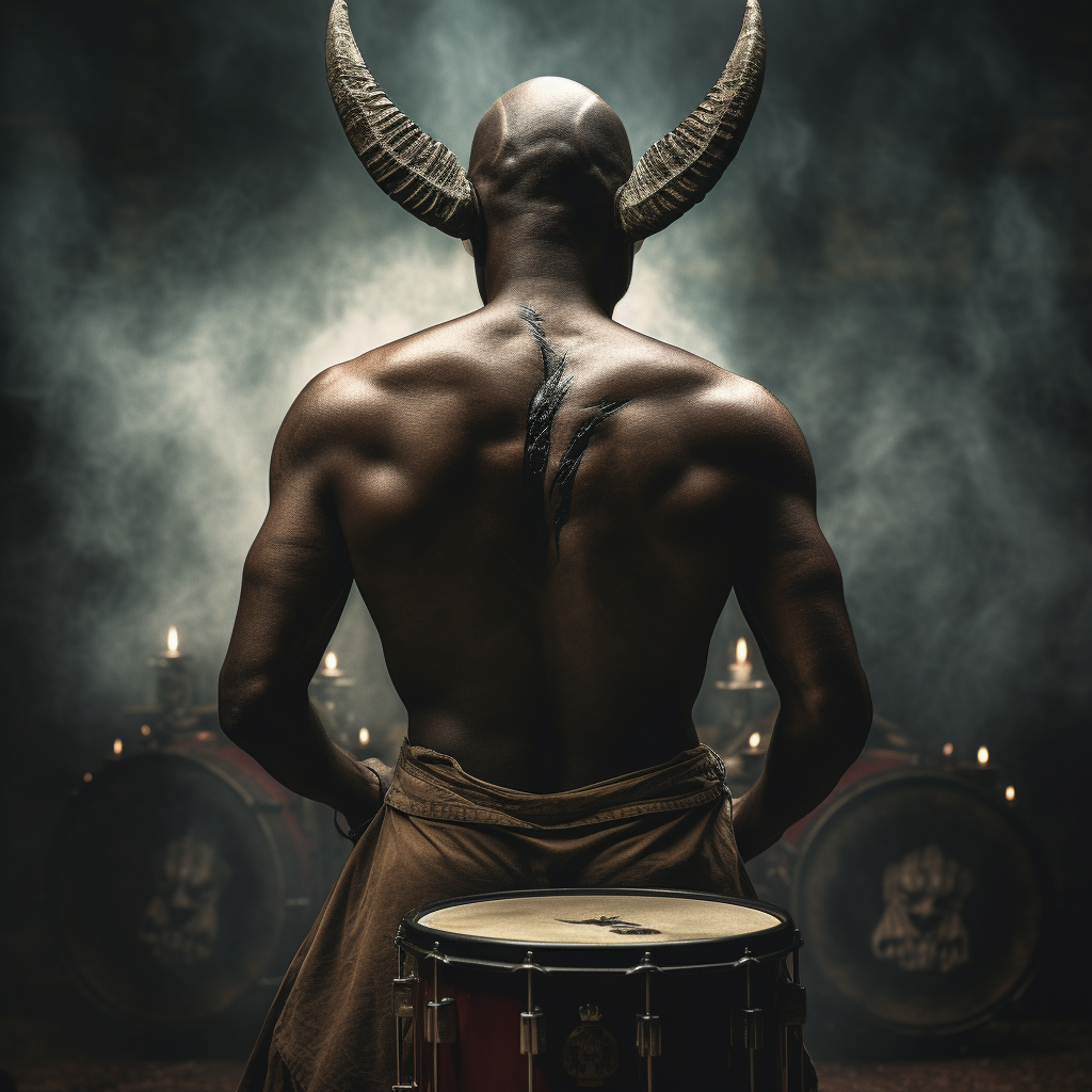 Bald male playing drums with demon in background