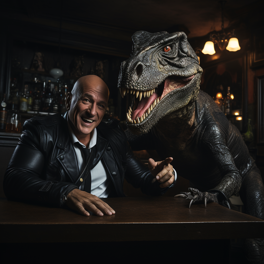 Bald man in bar with loving Tyrannosaurus Rex