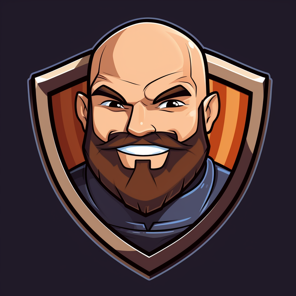 Cartoon image of bald man with beard and shield