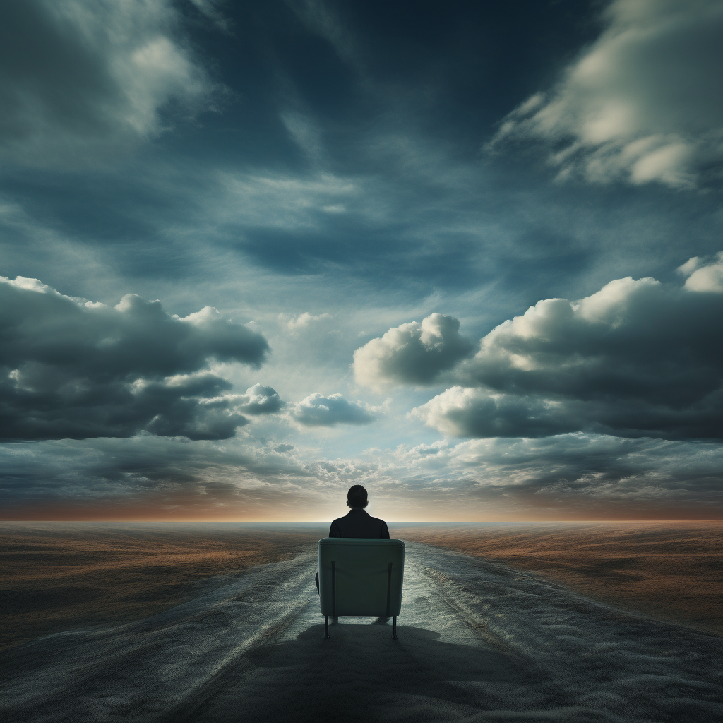 Bald man on doubledecker bus in dramatic landscape