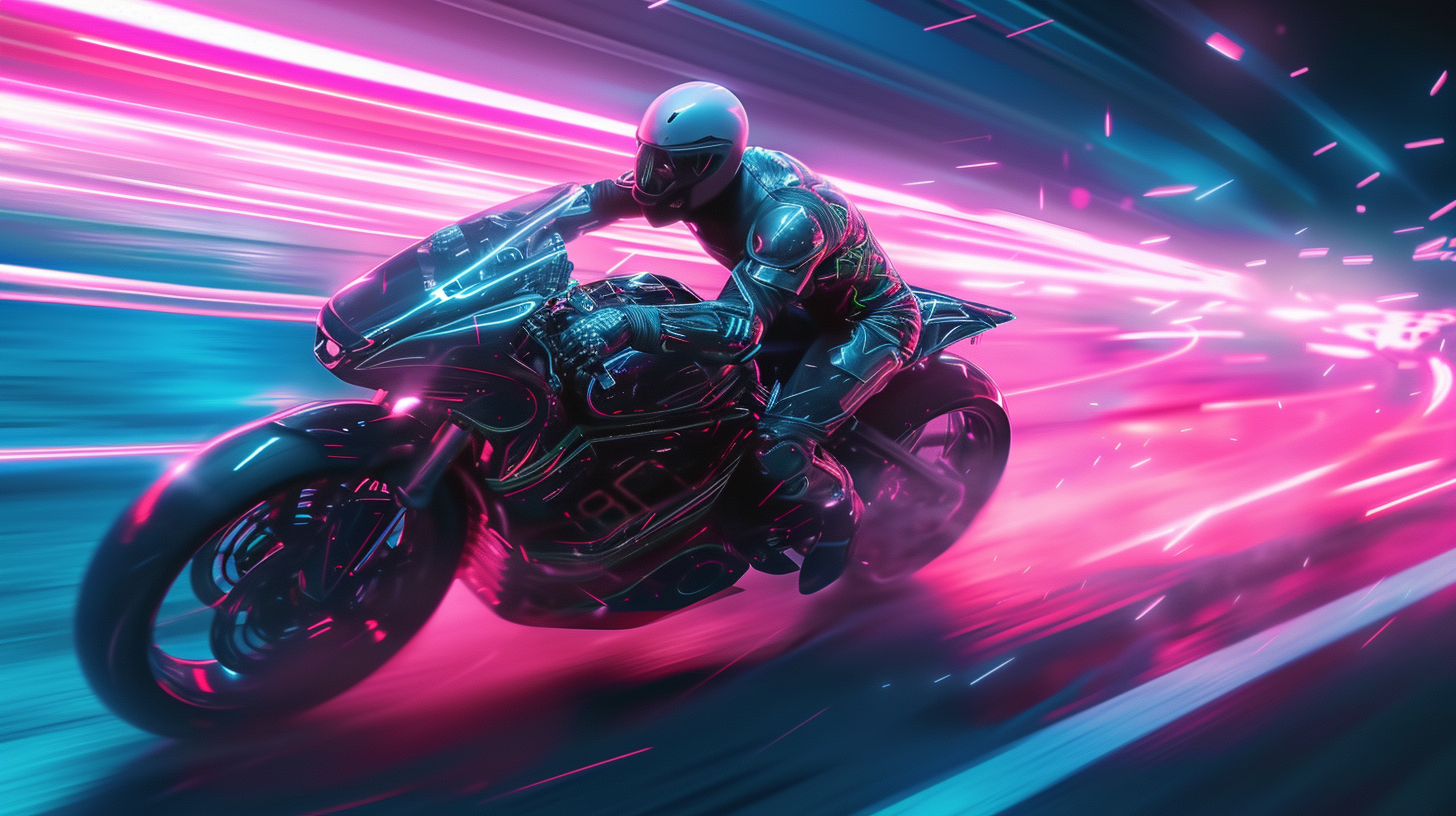 Bald man on futuristic motorcycle on alien planet