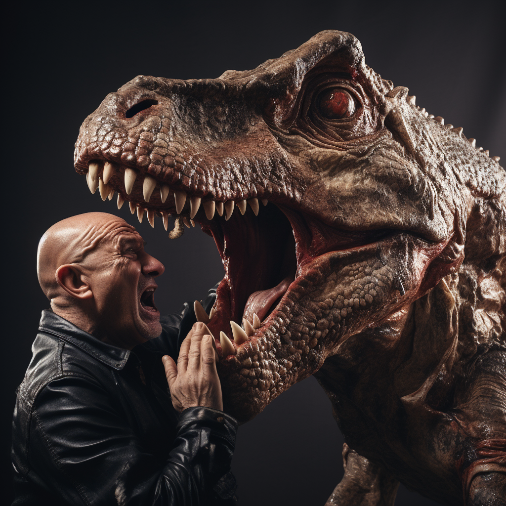 Bald man gently petting a T-Rex